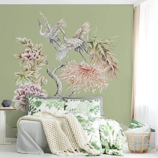 Decoración cocina Watercolour Storks In Flight With Flowers On Green