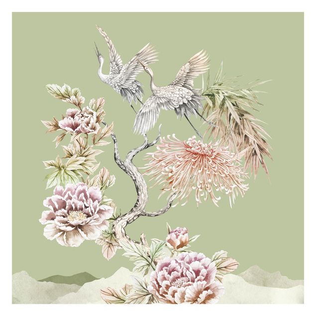 Papel pared animales Watercolour Storks In Flight With Flowers On Green