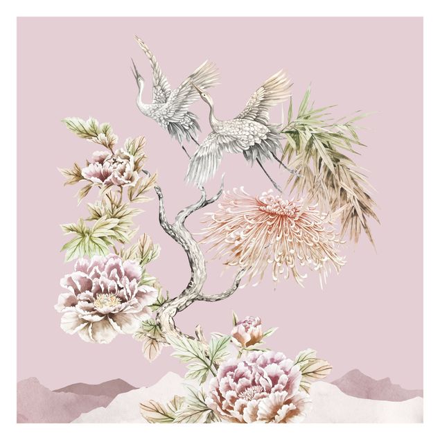 Papel pintado animales Watercolour Storks In Flight With Flowers On Pink