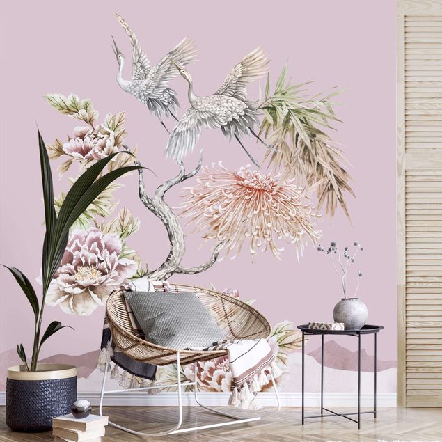 Decoración de cocinas Watercolour Storks In Flight With Flowers On Pink