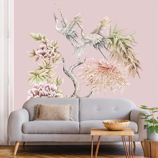 Papel pintado aves Watercolour Storks In Flight With Flowers On Pink