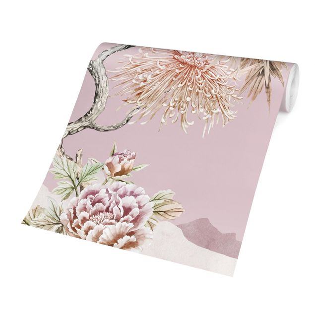Papel pintado moderno Watercolour Storks In Flight With Flowers On Pink