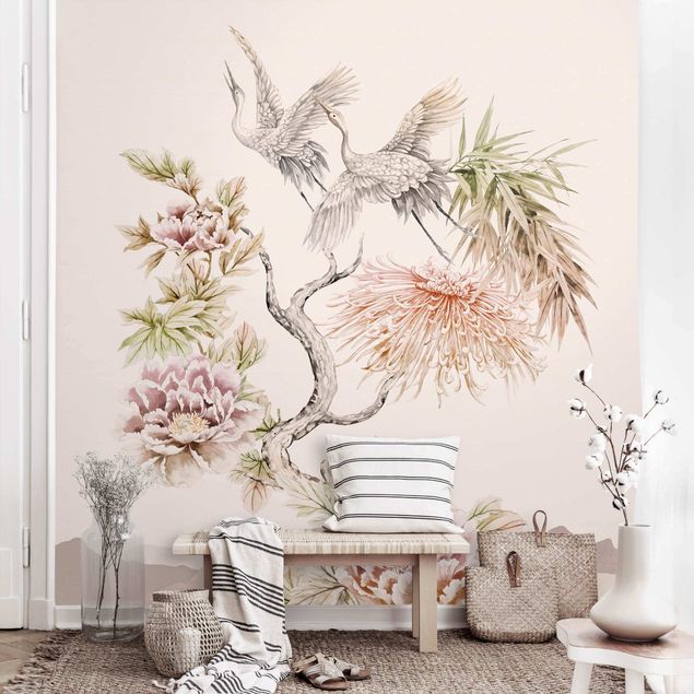 Decoración en la cocina Watercolour Storks In Flight With Flowers
