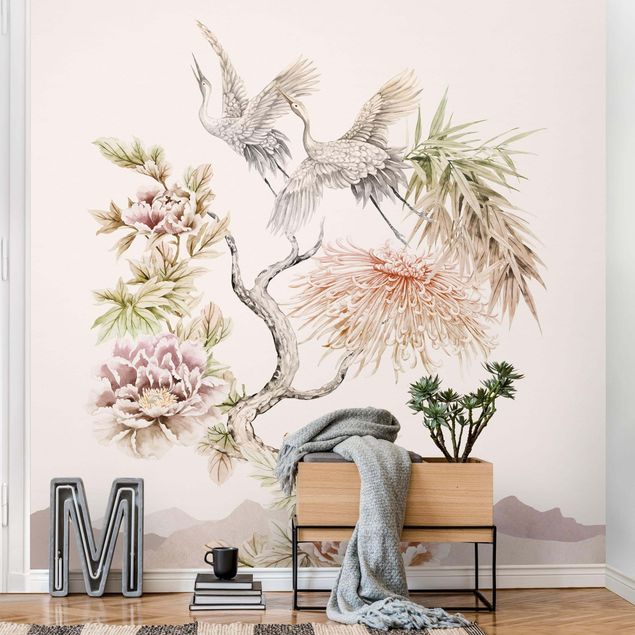 Papel pintado aves Watercolour Storks In Flight With Flowers