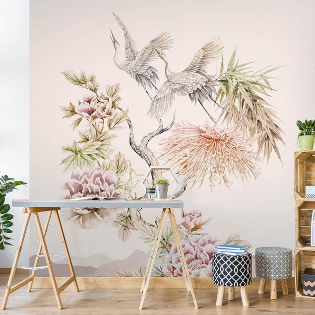 Papel pared flores Watercolour Storks In Flight With Flowers