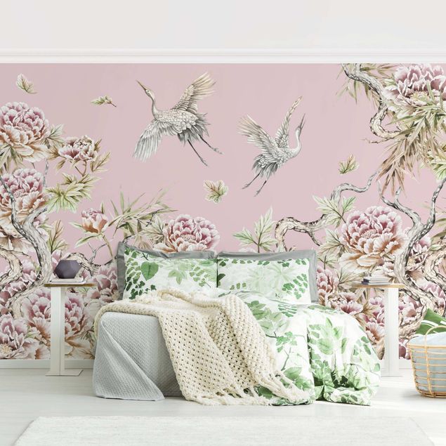 Decoración en la cocina Watercolour Storks In Flight With Roses On Pink