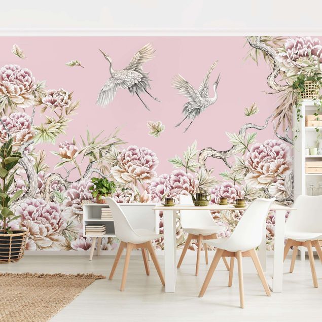 Papel pared flores Watercolour Storks In Flight With Roses On Pink
