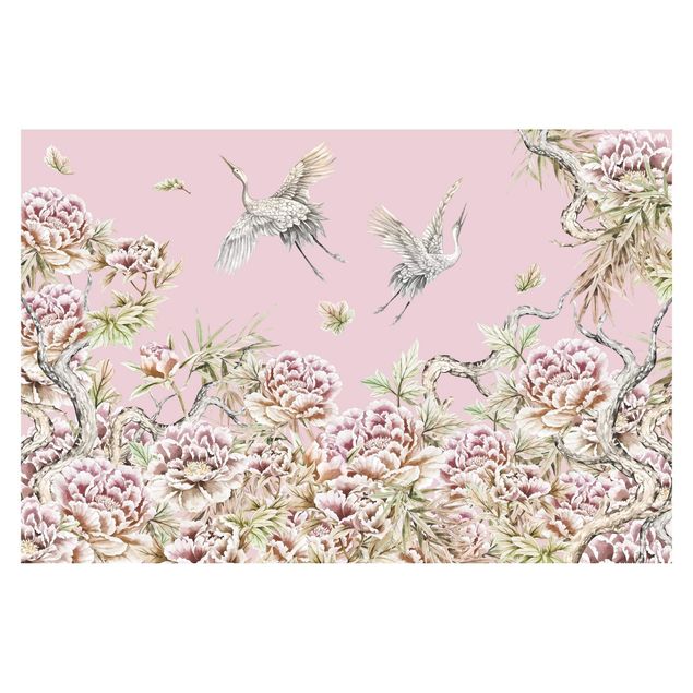 Papel pintado infantil animales Watercolour Storks In Flight With Roses On Pink