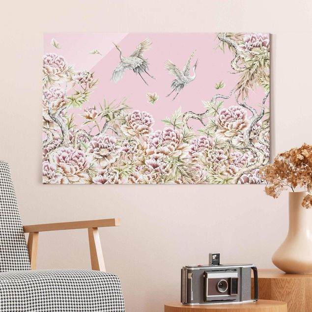 Cuadros de cristal rosas Watercolour Storks In Flight With Roses On Pink