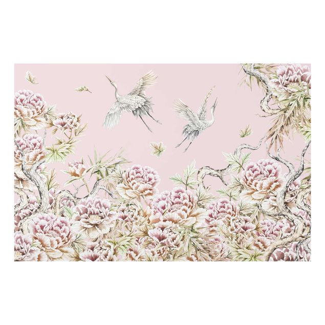 Cuadros flores Watercolour Storks In Flight With Roses On Pink