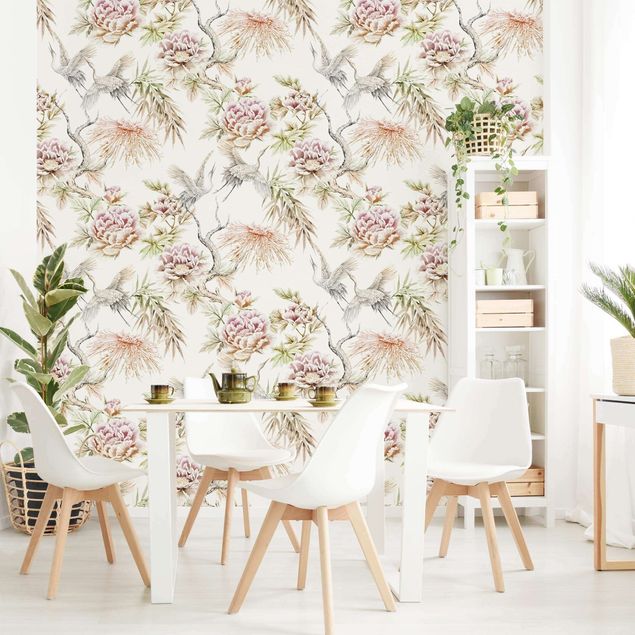 Papel pared flores Watercolour Birds With Large Flowers