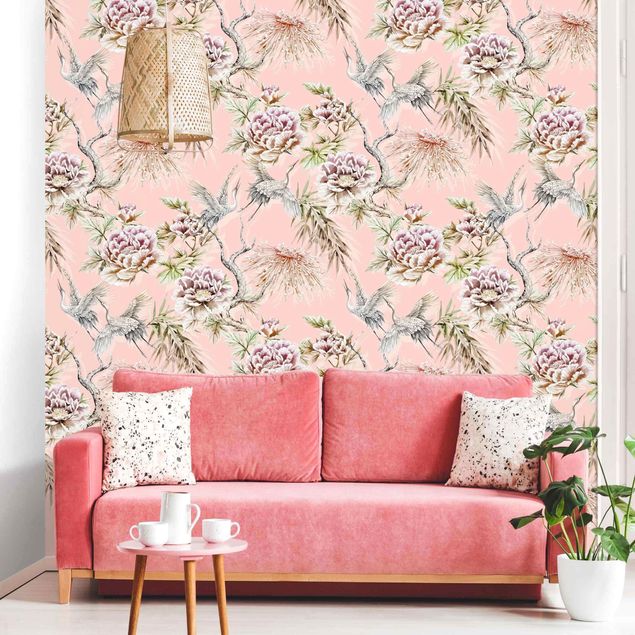 Papel pintado aves Watercolour Birds With Large Flowers In Front Of Pink