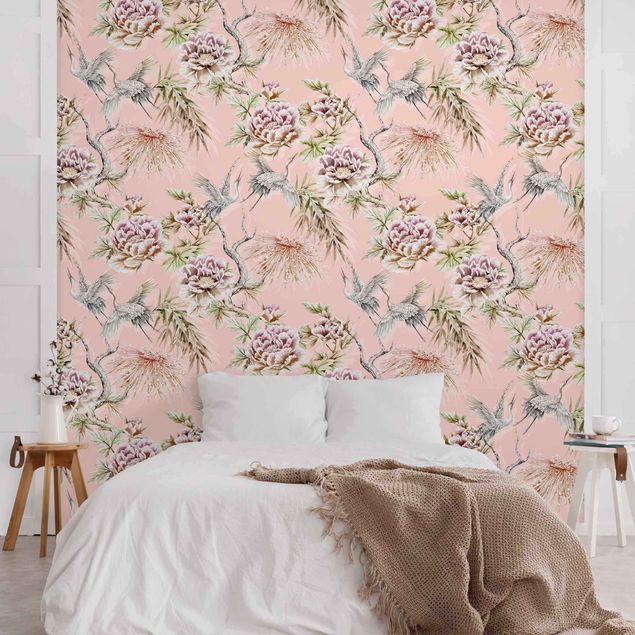 Papel pintado floral Watercolour Birds With Large Flowers In Front Of Pink