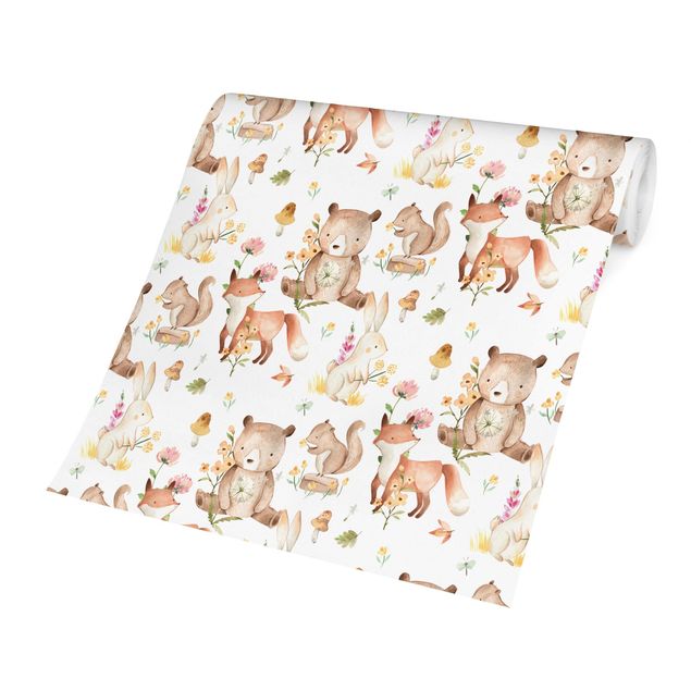 Papel pintado beige Watercolour Forest Animals Bear And Fox