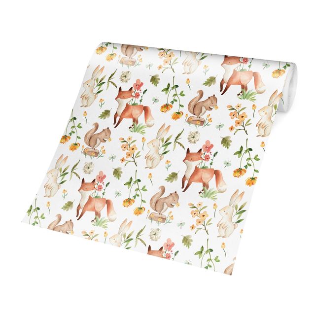 Papel pintado beige Watercolour Forest Animals Fox And Rabbit