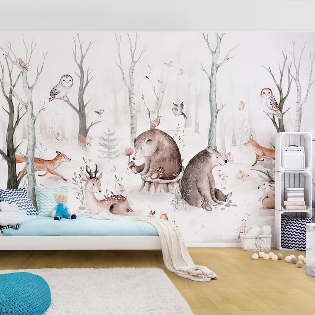 Papel pintado salón moderno Watercolour Forest Animal Friends