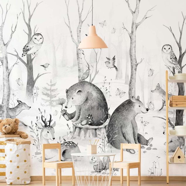 Papel pintado moderno Watercolour Forest Animal Friends Black And White