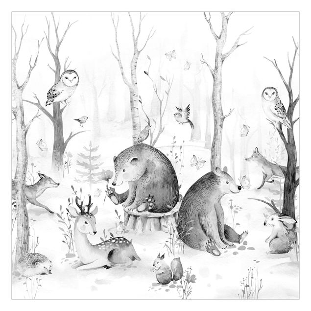 Papel pintado Watercolour Forest Animal Friends Black And White