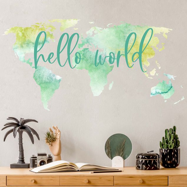 Vinilo pared mapamundi Watercolor world map turquoise with desired text