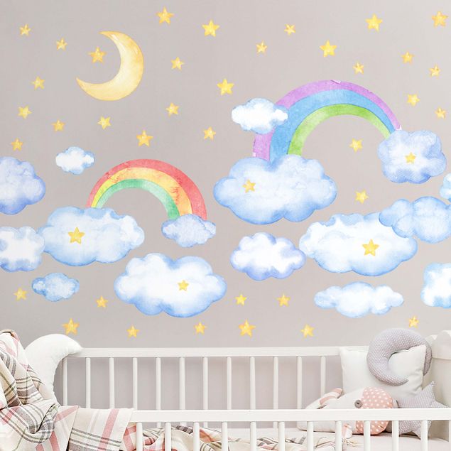 Vinilo espacio infantil Watercolour Clouds Rainbow Stars Set