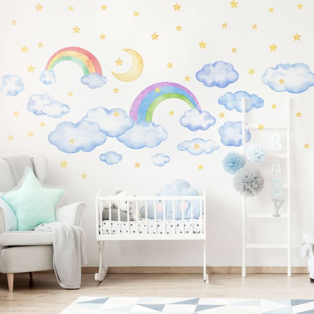 Decoración habitacion bebé Watercolour Clouds Rainbow Stars Set