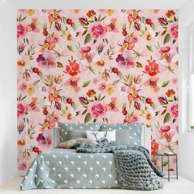 Papel pared flores Watercolour Flowers On Light Pink