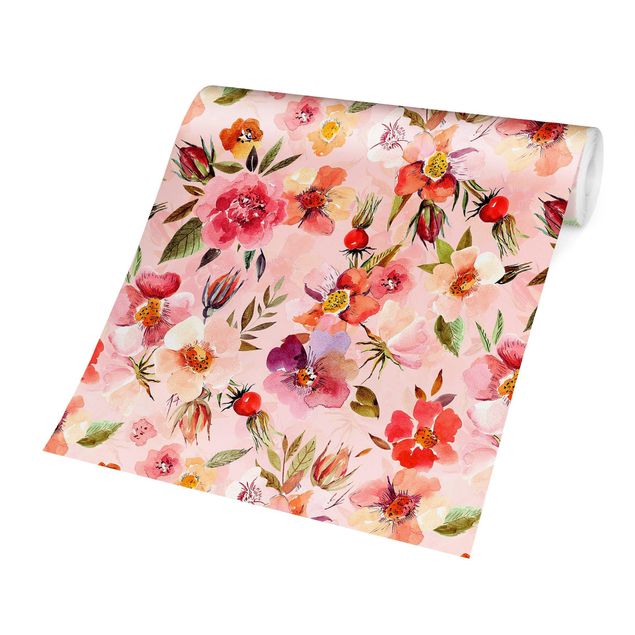 Papel pared rosa Watercolour Flowers On Light Pink