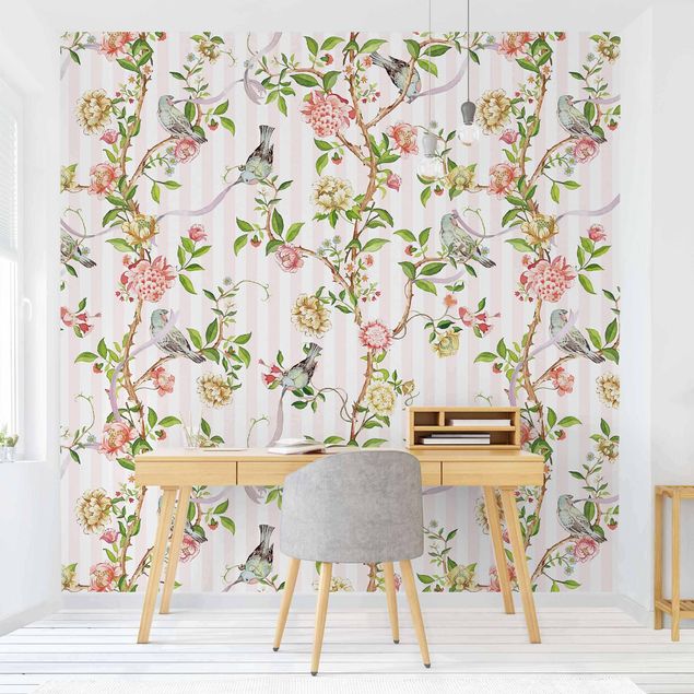 Papel pintado aves Watercolour Flower Tendrils With Birds