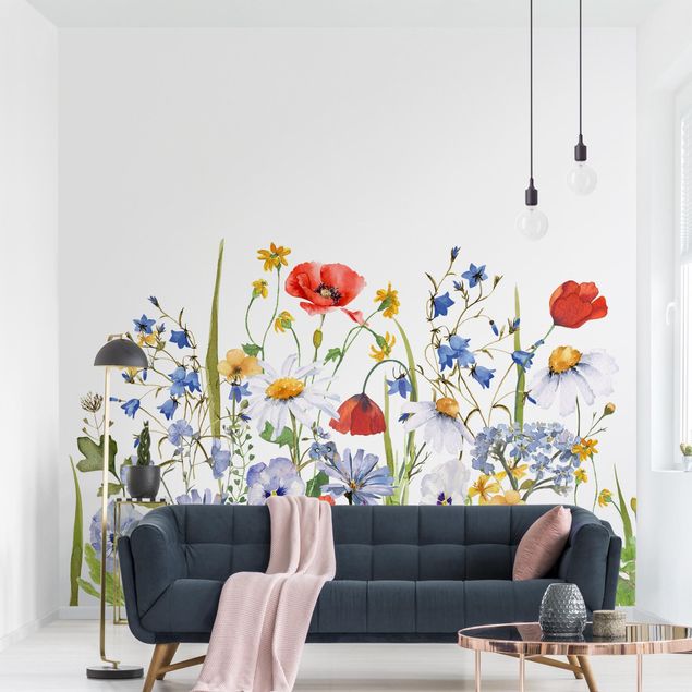 Papel pintado salón moderno Watercolour Flower Meadow With Poppies