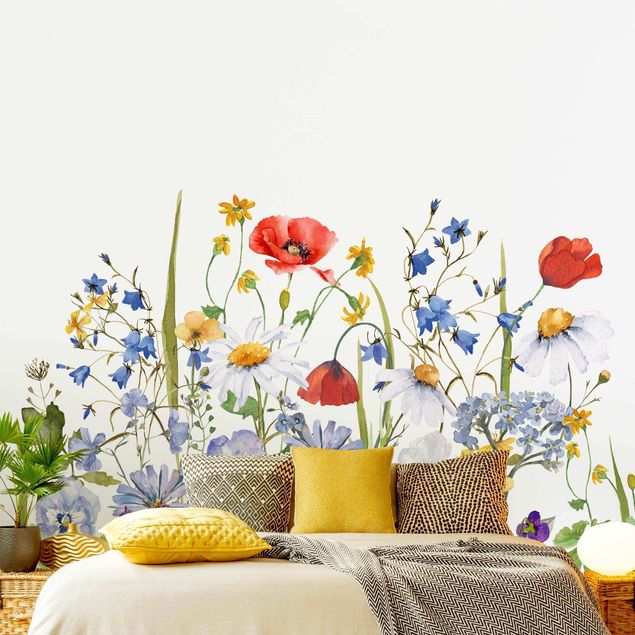 Papel pared flores Watercolour Flower Meadow With Poppies