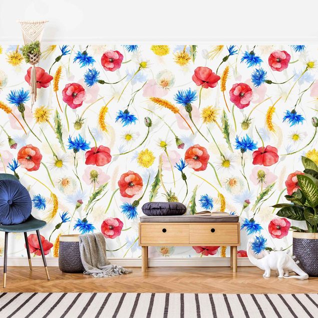 Papel pintado floral Watercolour Wild Flowers With Poppies
