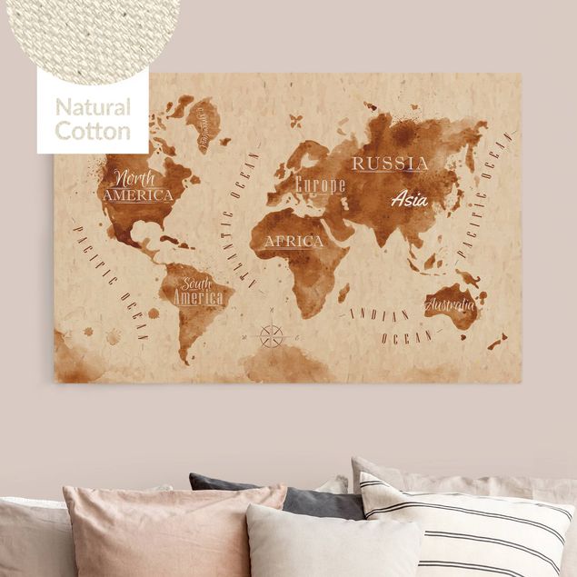 Lienzos de mapamundi Watercolour Look World Map Beige Brown