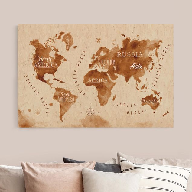 Cuadro mapa del mundo Watercolour Look World Map Beige Brown