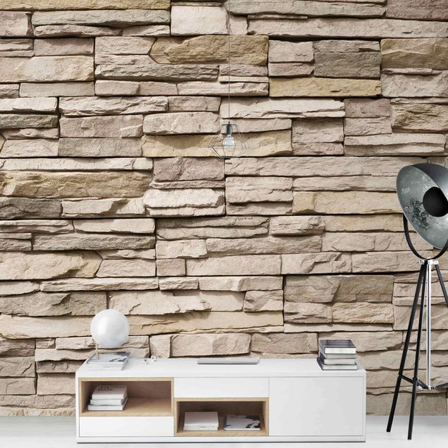 Papel pintado 3d Asian Stonewall - Stone Wall From Large Light Coloured Stones