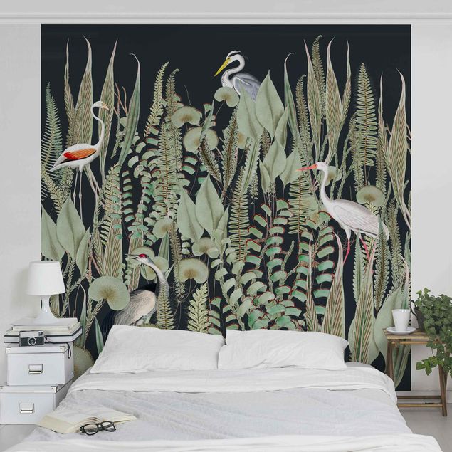 Papel pintado aves Flamingo And Stork With Plants On Green