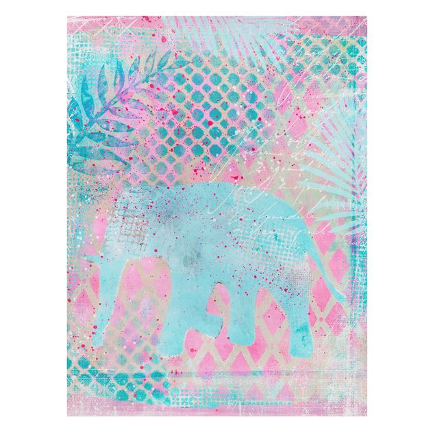 Lienzos de flores Colourful Collage - Elephant In Blue And Pink