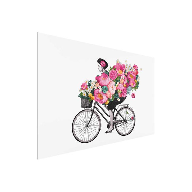 Cuadros plantas Illustration Woman On Bicycle Collage Colourful Flowers