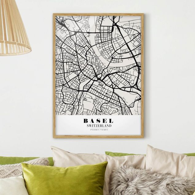 Pósters enmarcados en blanco y negro Basel City Map - Classic