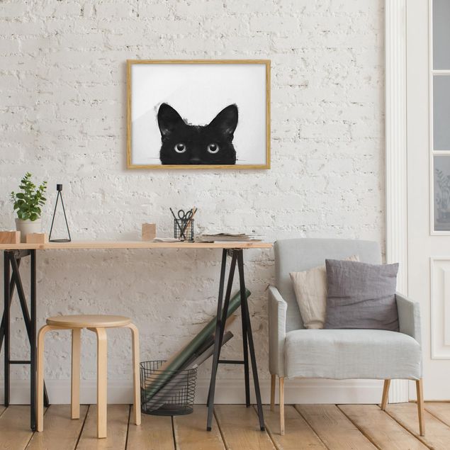 Pósters enmarcados en blanco y negro Illustration Black Cat On White Painting