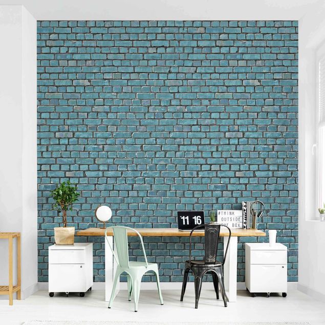 Papel pintado con patrones Brick Tile Wallpaper Turquoise Blue