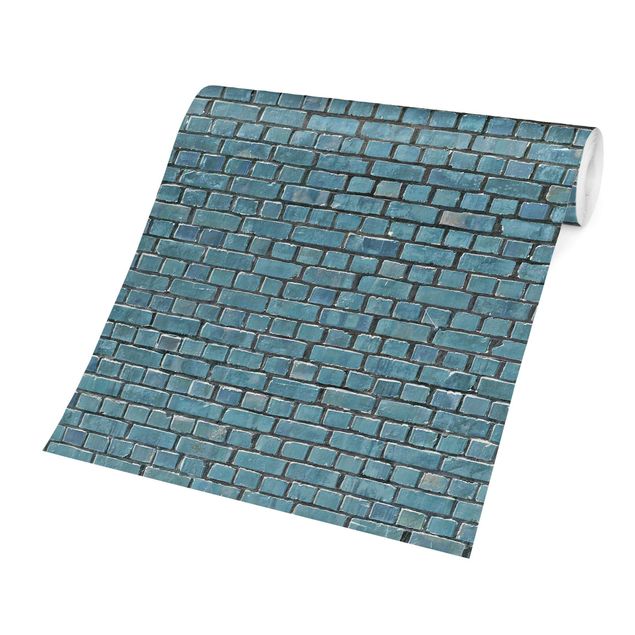Papel pintado industrial Brick Tile Wallpaper Turquoise Blue