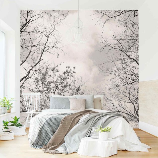 Papel pared flores Treetops In The Sky In Warm Grey