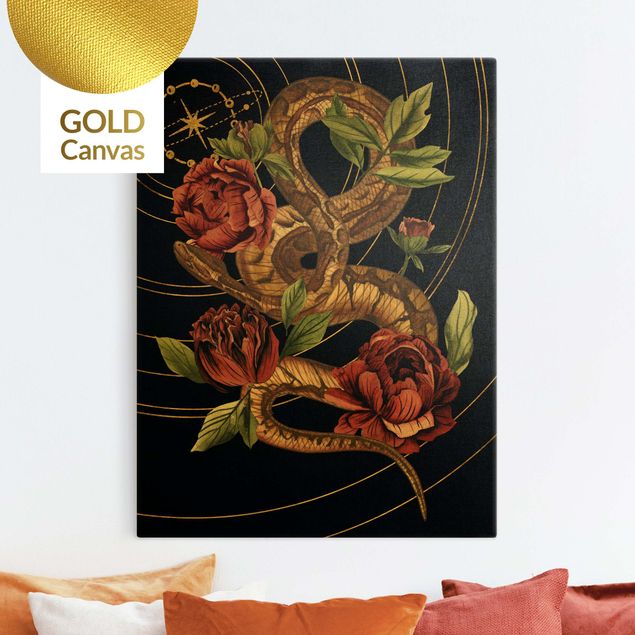 Lienzos de flores Snake With Roses Black And Gold IV