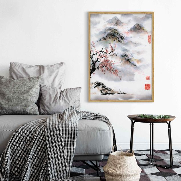 Cuadros montañas Japanese Watercolour Drawing Cherry Tree And Mountains