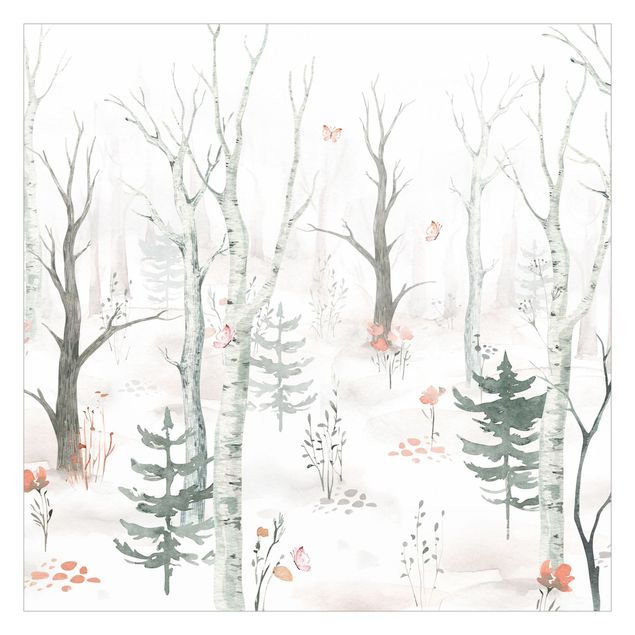 Papel pared paisaje Birch forest with poppies