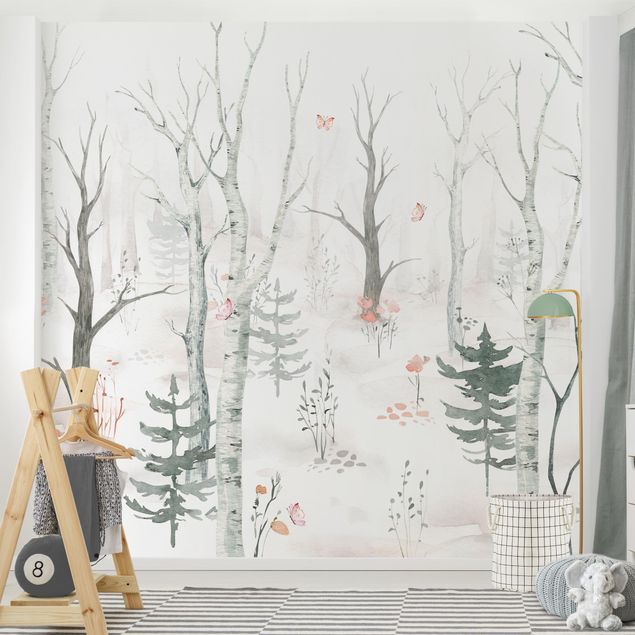 Decoración infantil pared Birch forest with poppies