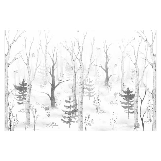 Papeles pintados blanco y negro Birch forest with poppies black white