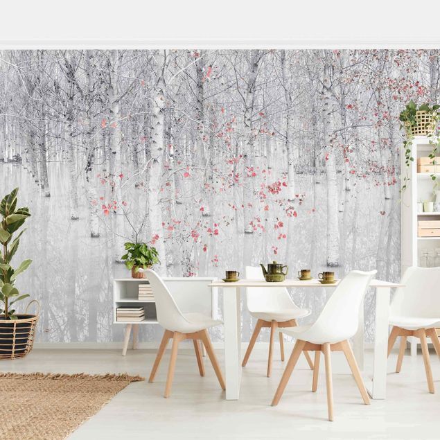 Papel pintado moderno Birch Tree Forest With Light Pink Leaves
