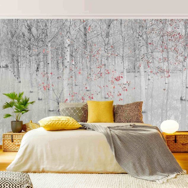 Papel pintado paisajes Birch Tree Forest With Light Pink Leaves