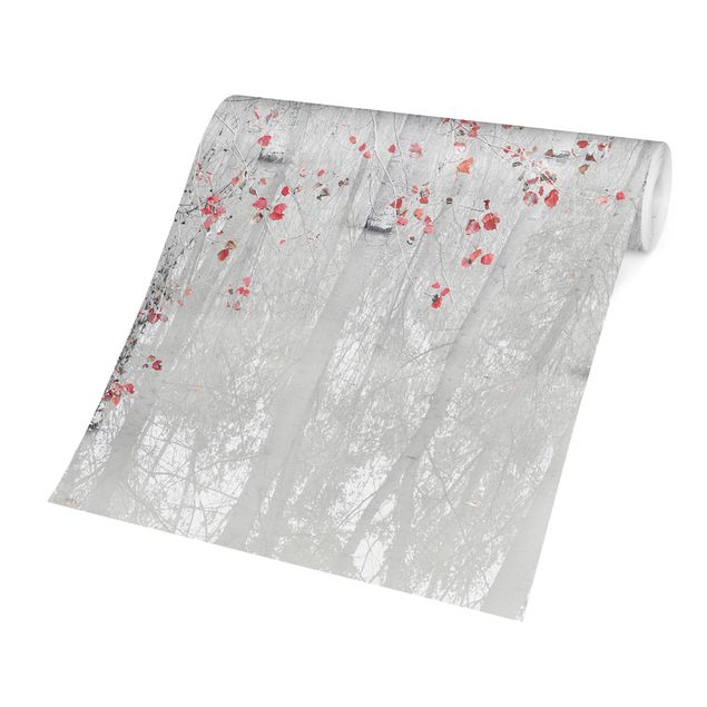 Papel pintado gris Birch Tree Forest With Light Pink Leaves